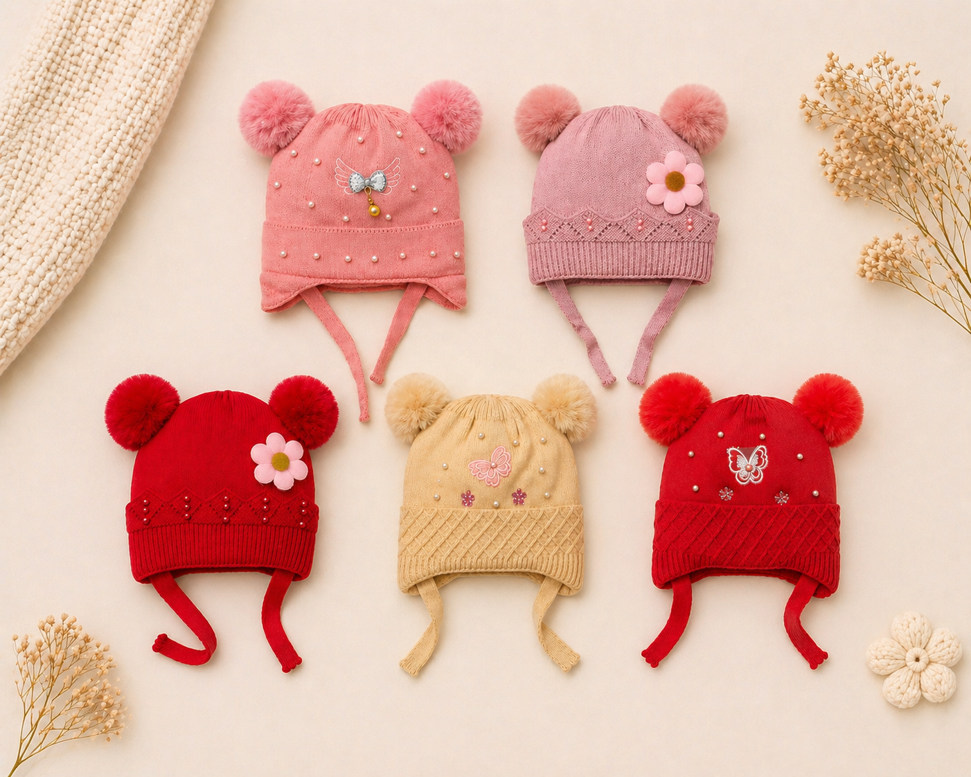 furry pom pom knitted winter baby cap