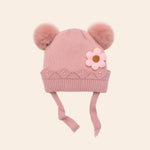 furry pom pom knitted winter baby cap pink