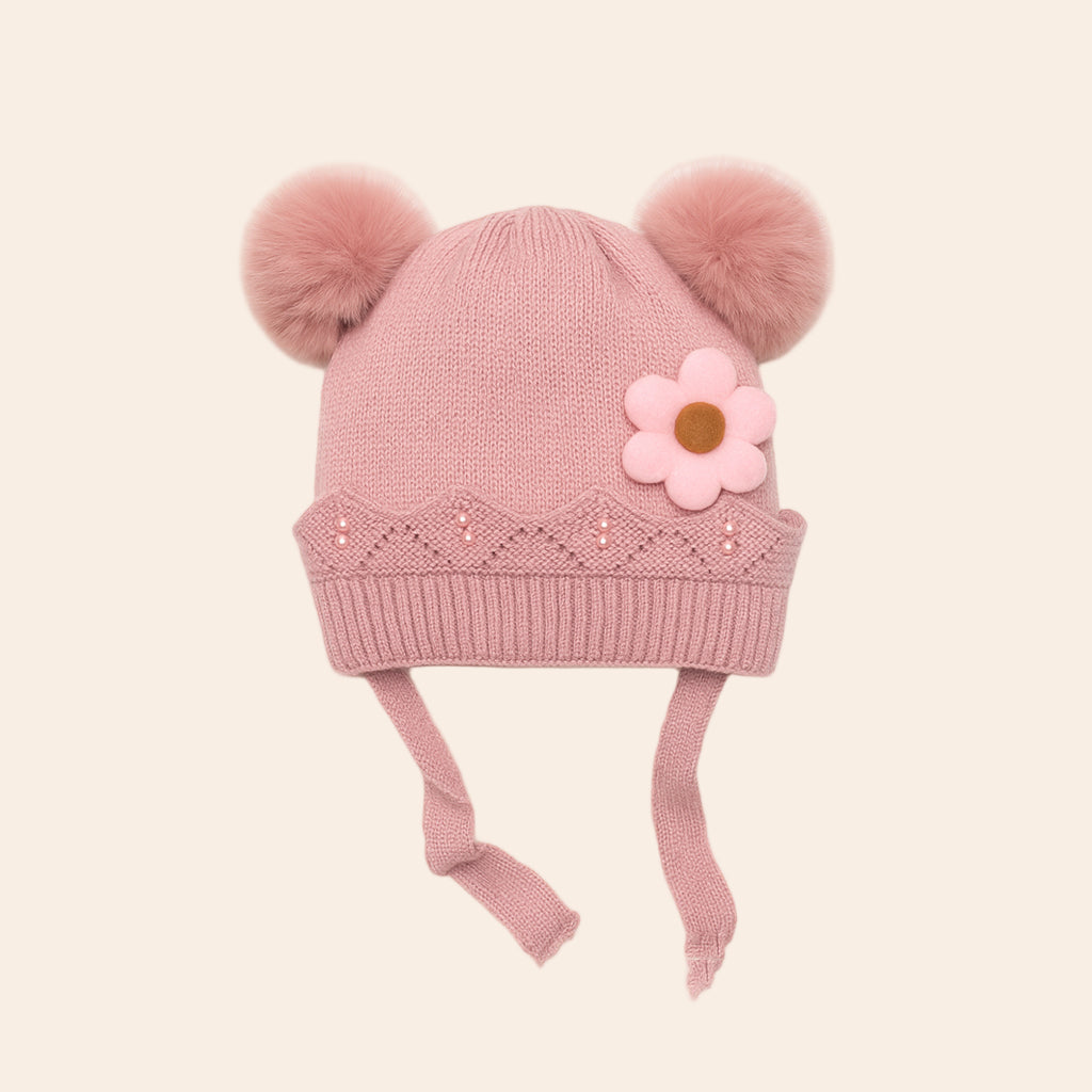 furry pom pom knitted winter baby cap pink