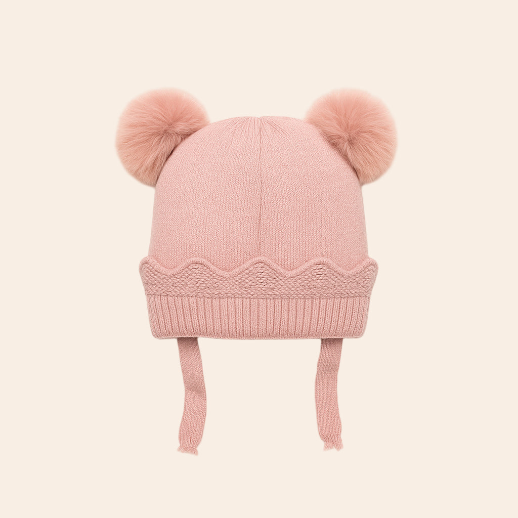 furry pom pom knitted winter baby cap pink(back)