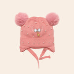  furry pom pom knitted winter baby (Pink Knit)cap (front)
