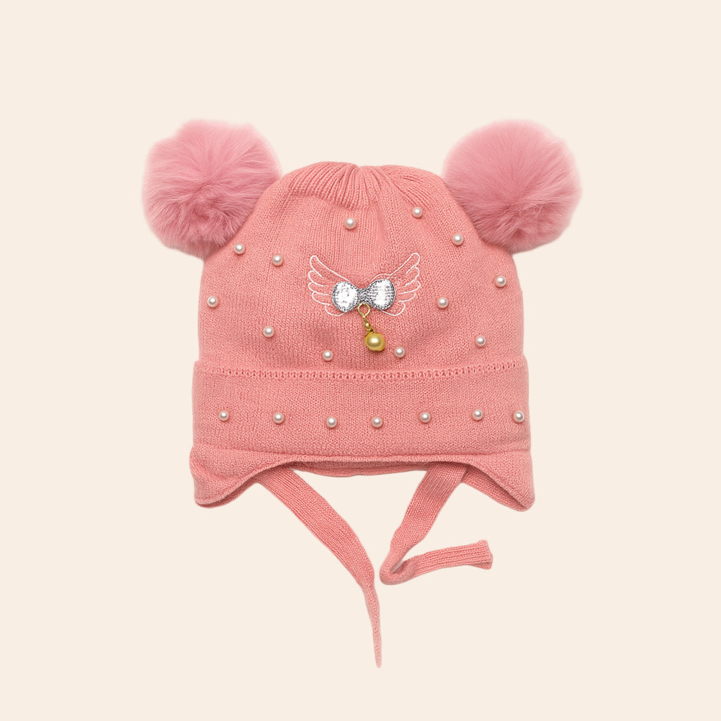  furry pom pom knitted winter baby (Pink Knit)cap (front)