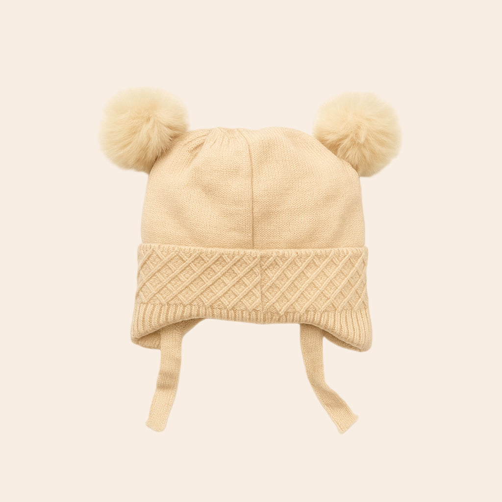 Furry Pom Pom Knitted Winter Baby Cap – Beige Butterfly