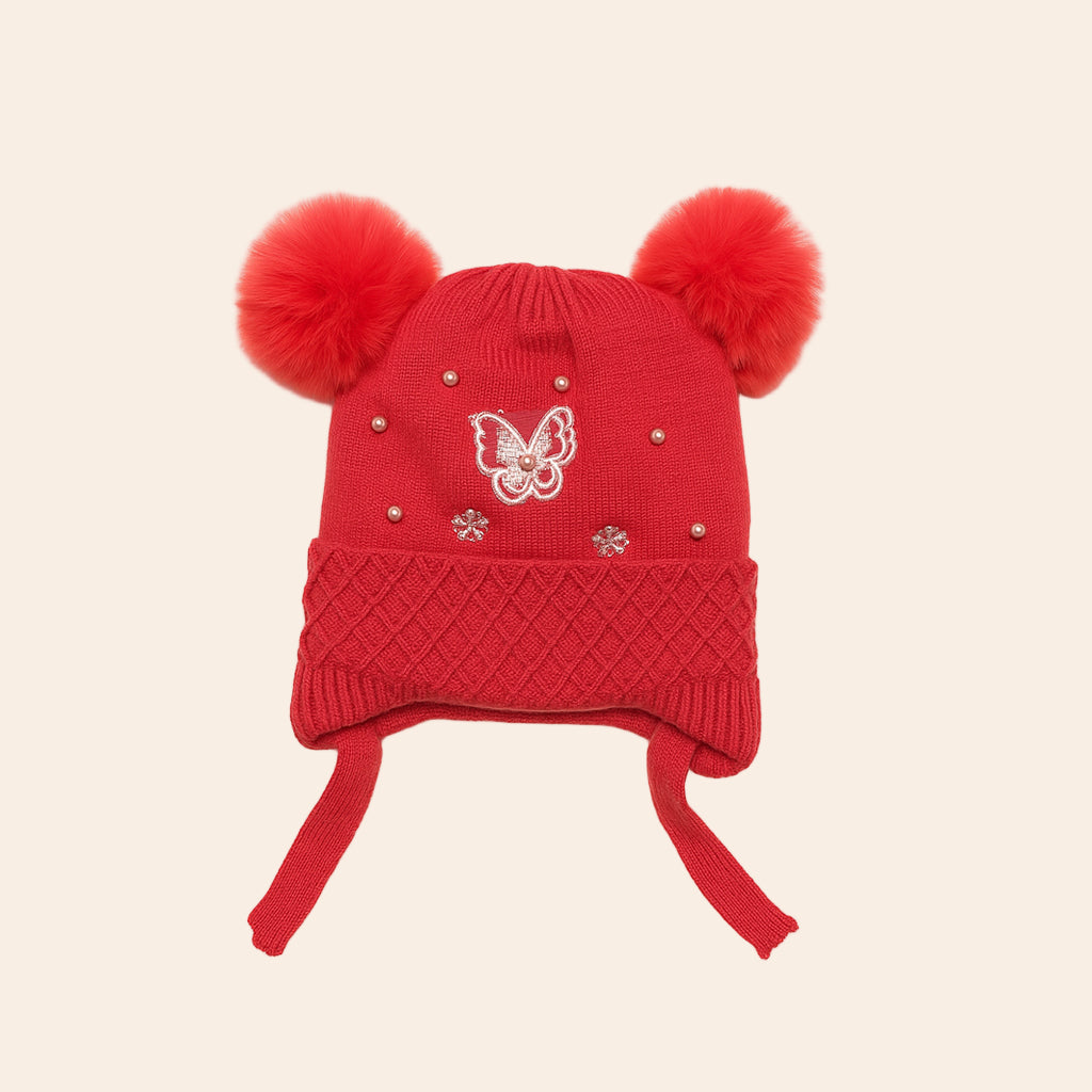 furry pom pom knitted winter baby cap
