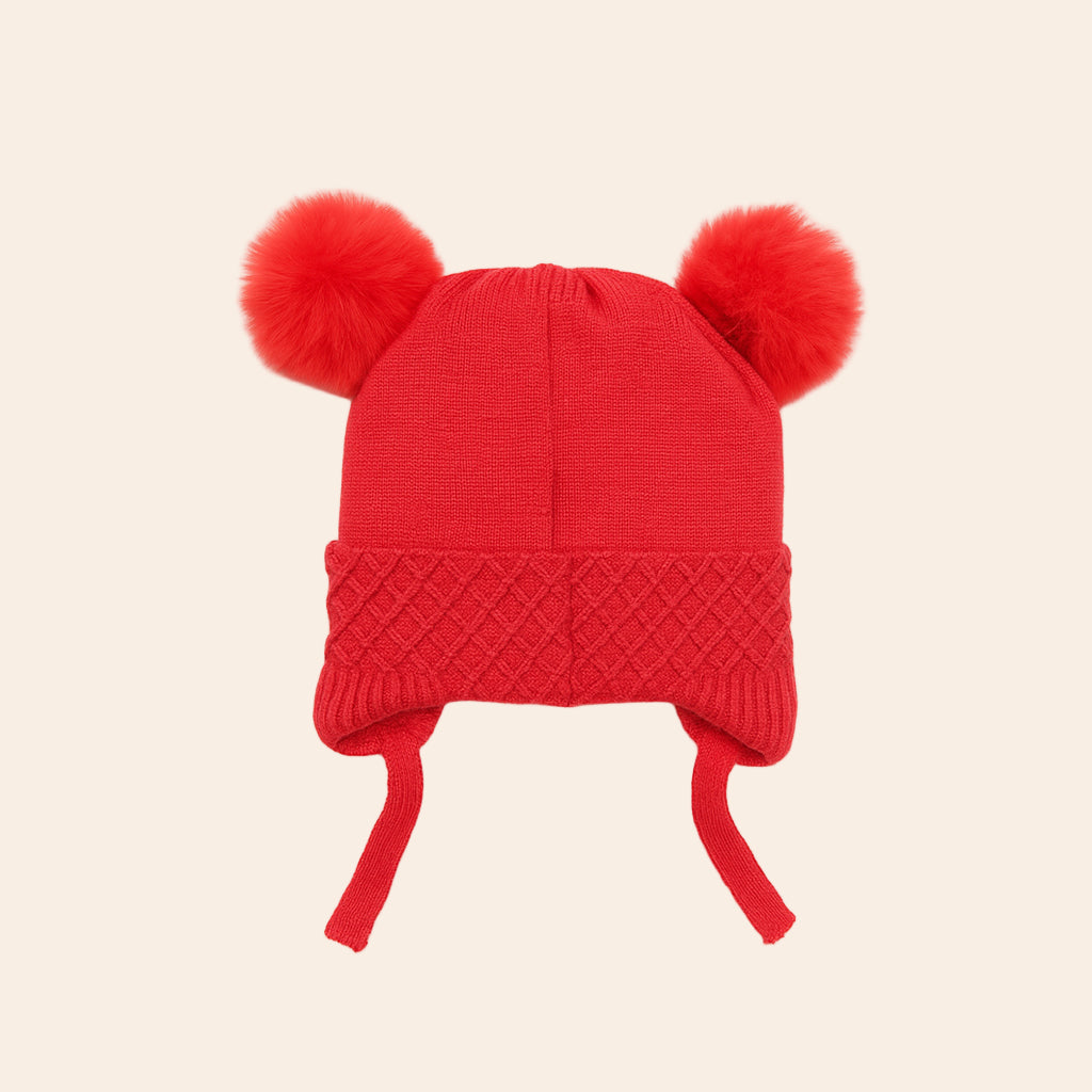 Furry Pom Pom Knitted Winter Baby Cap – Red Butterfly