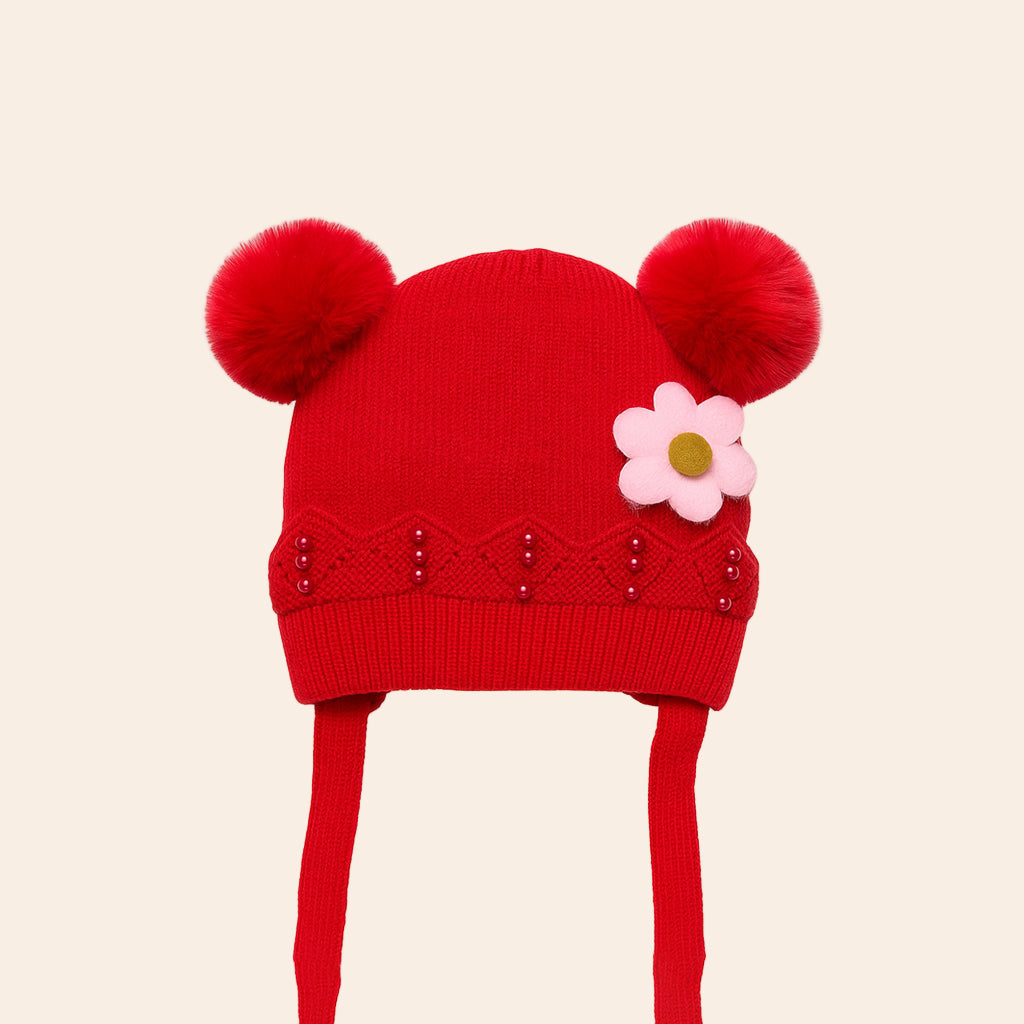 red daisy pom pom baby cap 
