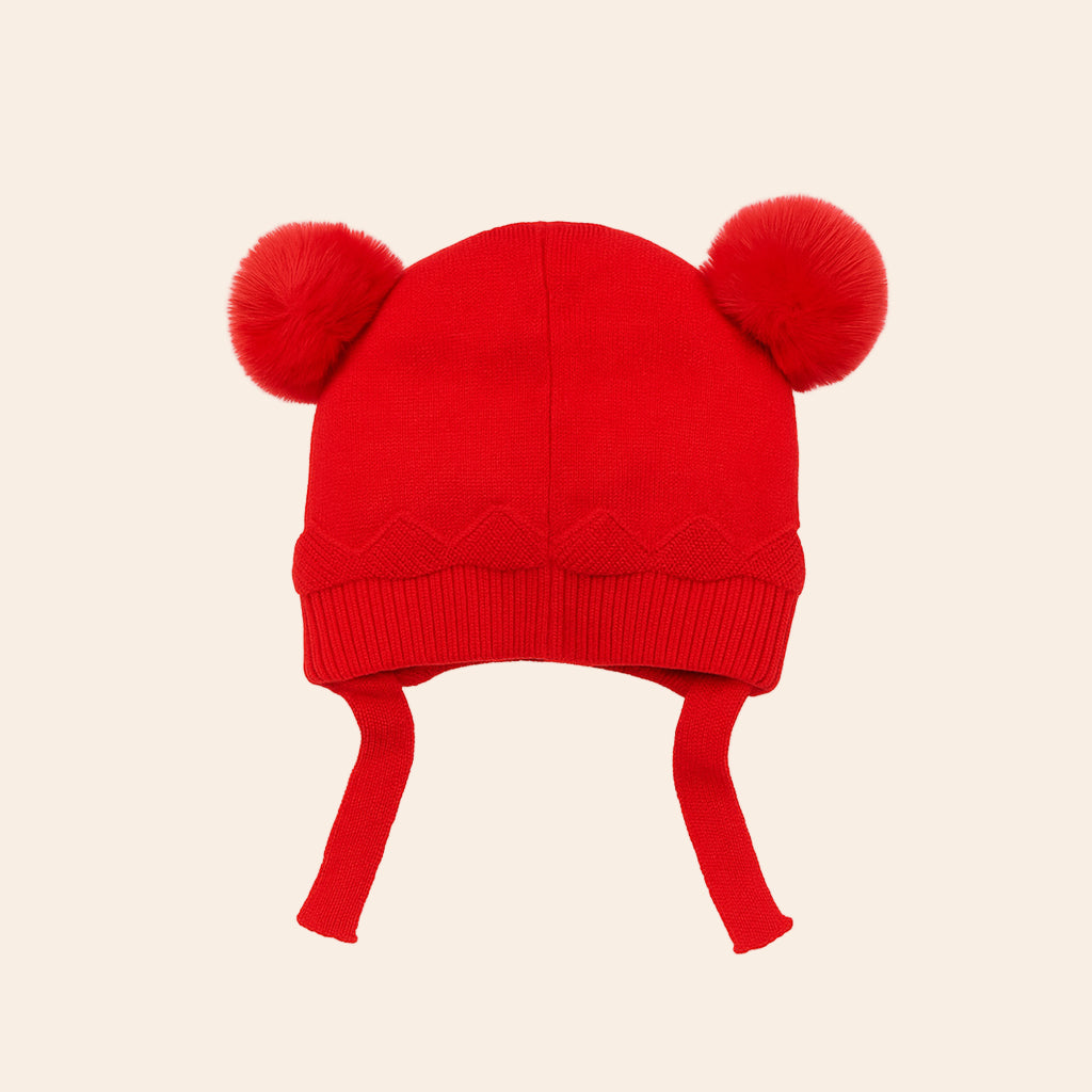 Furry Pom Pom Knitted Winter Baby Cap – Red Daisy