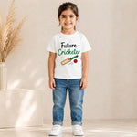 cricketer bat and ball printed kids white t-shirt (Girl front)