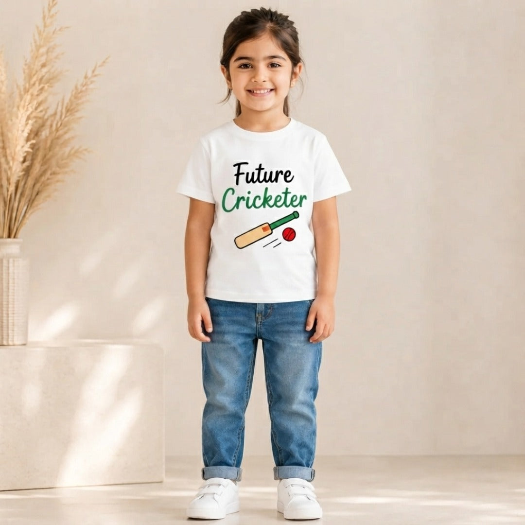 cricketer bat and ball printed kids white t-shirt (Girl front)