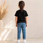 cricketer bat and ball printed kids black t-shirt (girl back)