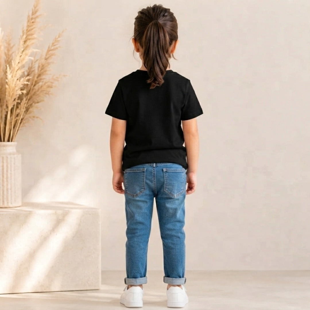 cricketer bat and ball printed kids black t-shirt (girl back)