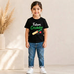 cricketer bat and ball printed kids Black t-shirt (girl front)