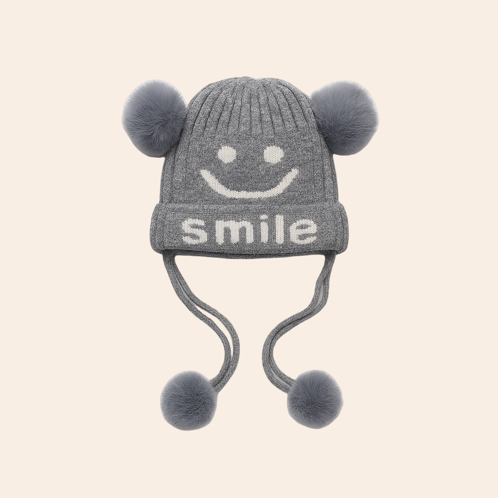 Grey Smiley Pom-Pom Hat