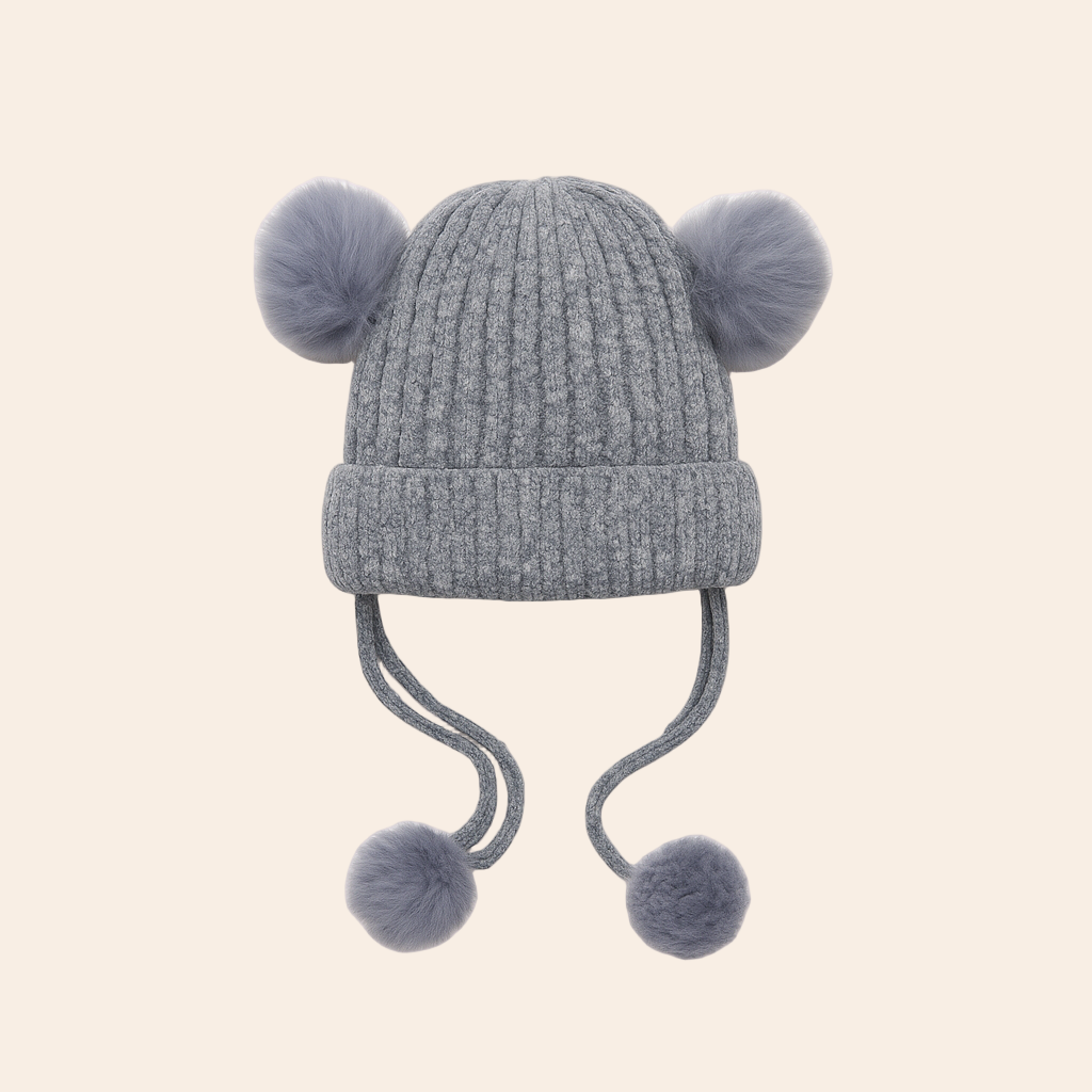 Grey Smiley Pom-Pom Hat