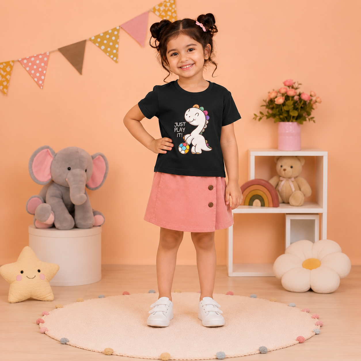 Just Play It Graphic Printed Black T-shirt for girls