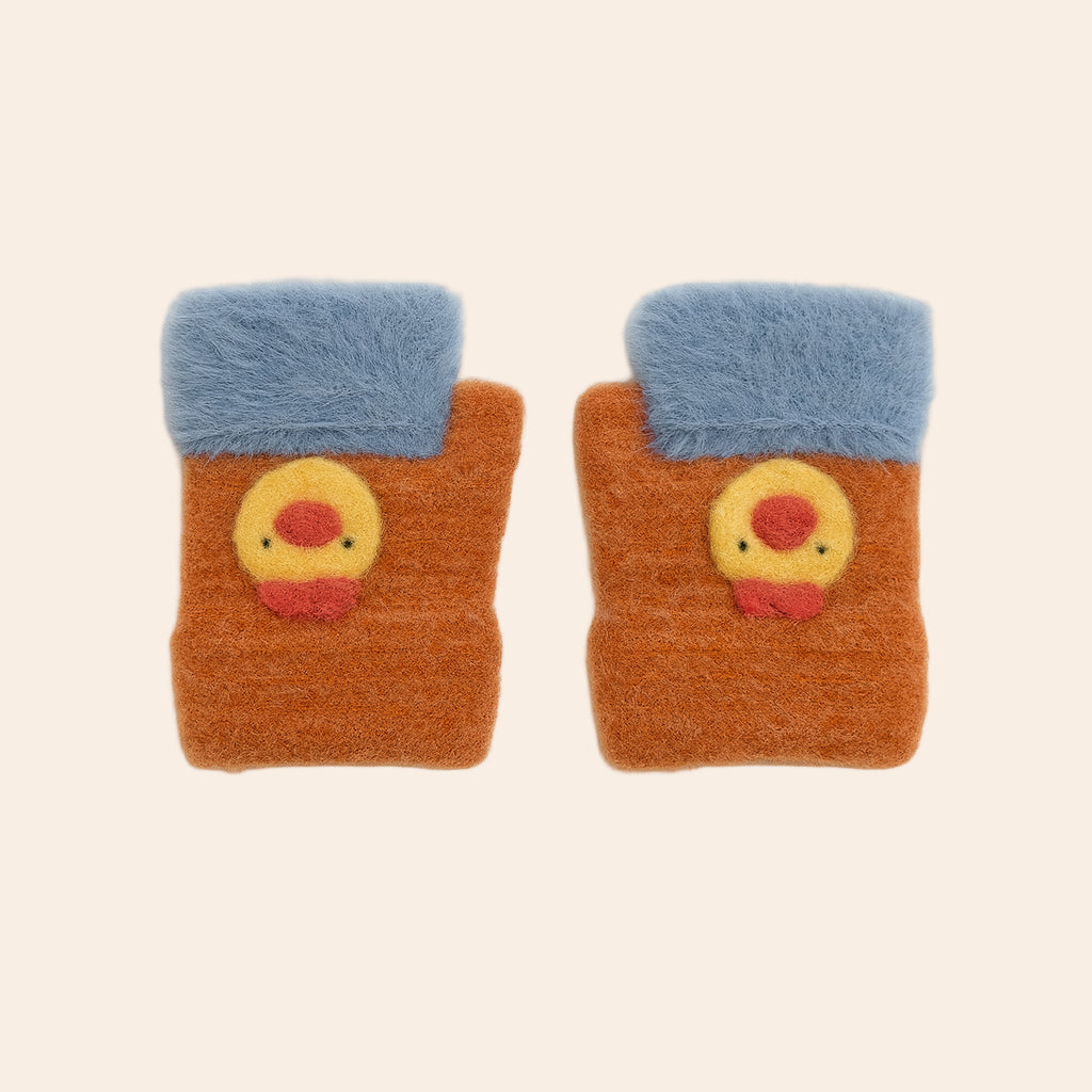 Kids Winter Soft Knit Gloves – Cartoon Style (Rust Brown & Sky Blue)
