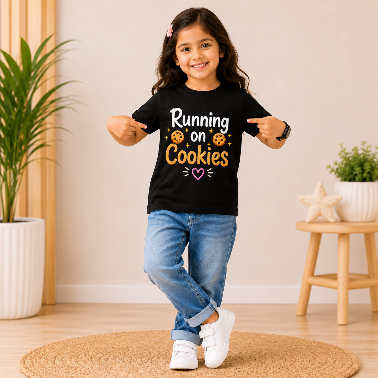 kids cotton graphic black t-shirt (girl front)