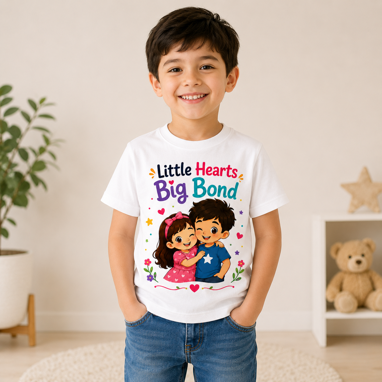Kids Cotton Printed T-Shirt | Little Hearts Big Bond Sibling Cartoon Design | Comfortable for Daily Wear