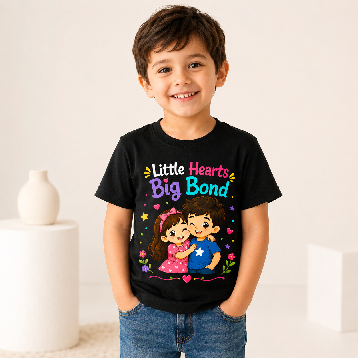 Kids Cotton Printed T-Shirt | Little Hearts Big Bond Sibling Cartoon Design | Comfortable for Daily Wear