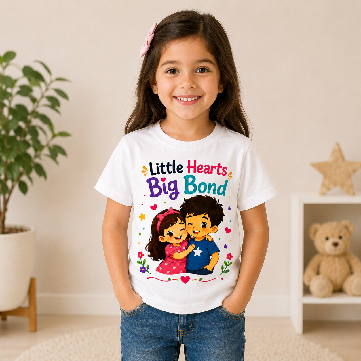 Kids Cotton Printed T-Shirt | Little Hearts Big Bond Sibling Cartoon Design | Comfortable for Daily Wear