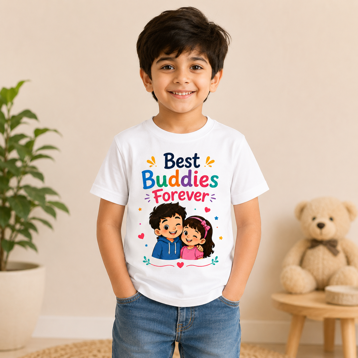 Best Buddies Forever Friendship Printed Kids T-Shirt | Soft & Comfortable Wear | Age 1-10 Years | White & Black