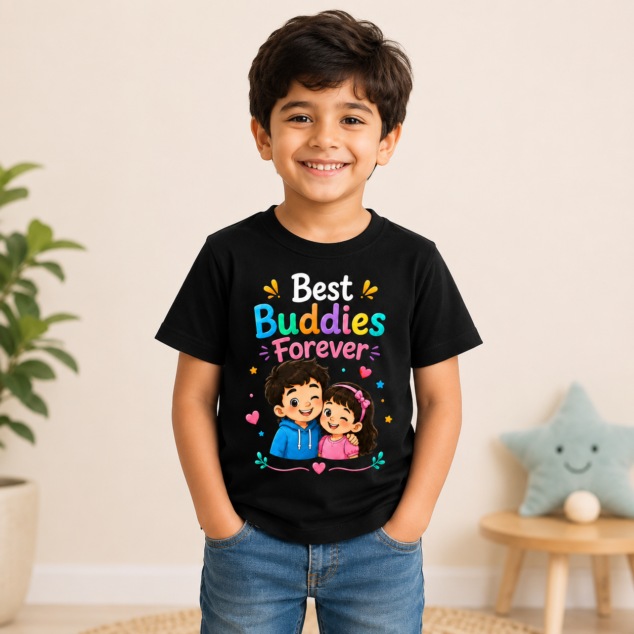 Best Buddies Forever Friendship Printed Kids T-Shirt | Soft & Comfortable Wear | Age 1-10 Years | White & Black