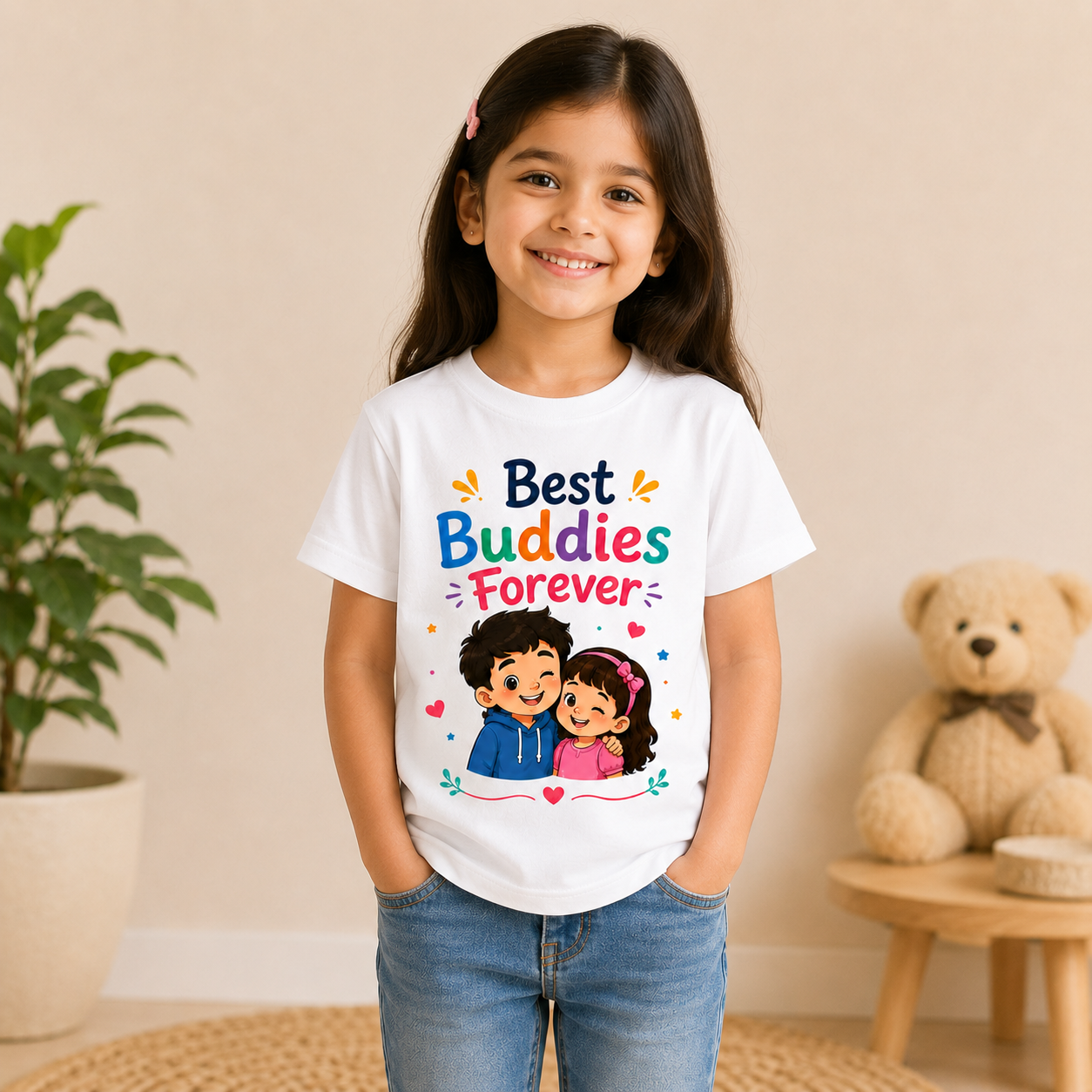 friendship printed kids white t-shirt (girl front)