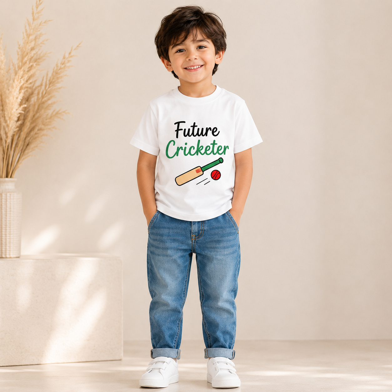 Future Cricketer Bat & Ball printed Kids T-Shirt | Soft & Comfortable Casual Wear | Age 1-10 Years | White/Black