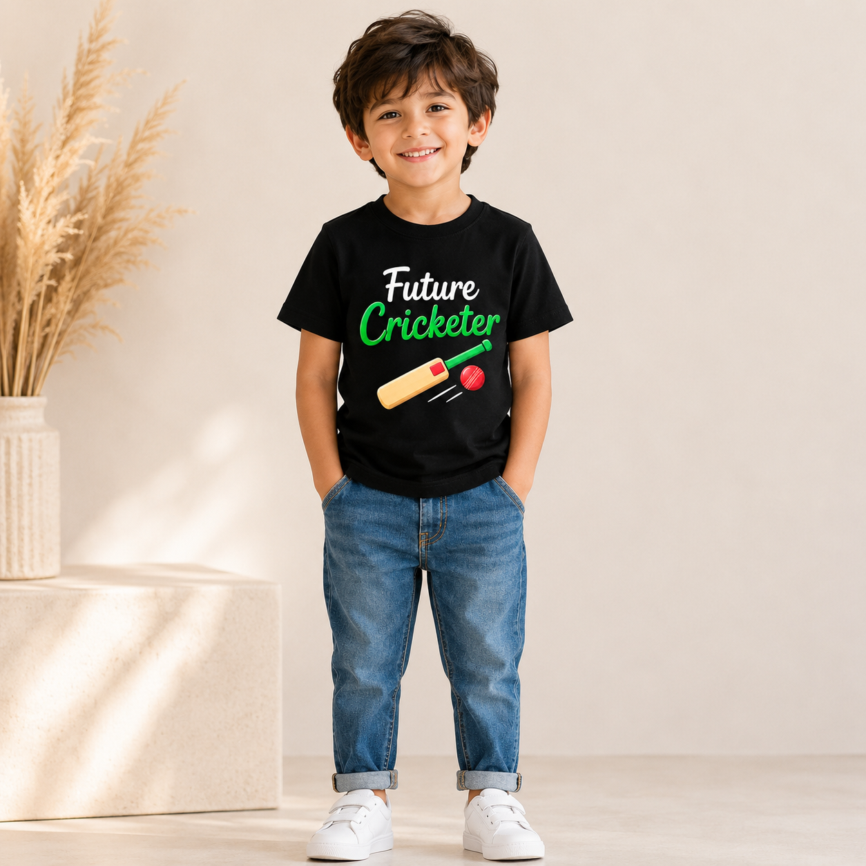 Future Cricketer Bat & Ball printed Kids T-Shirt | Soft & Comfortable Casual Wear | Age 1-10 Years | White/Black