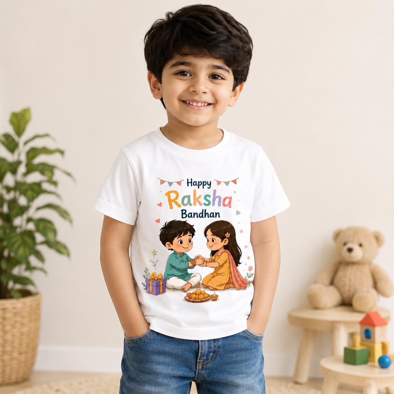 Happy Raksha Bandhan Brother & Sister Printed Kids T-Shirt | Age 1-10 Years | White & Black