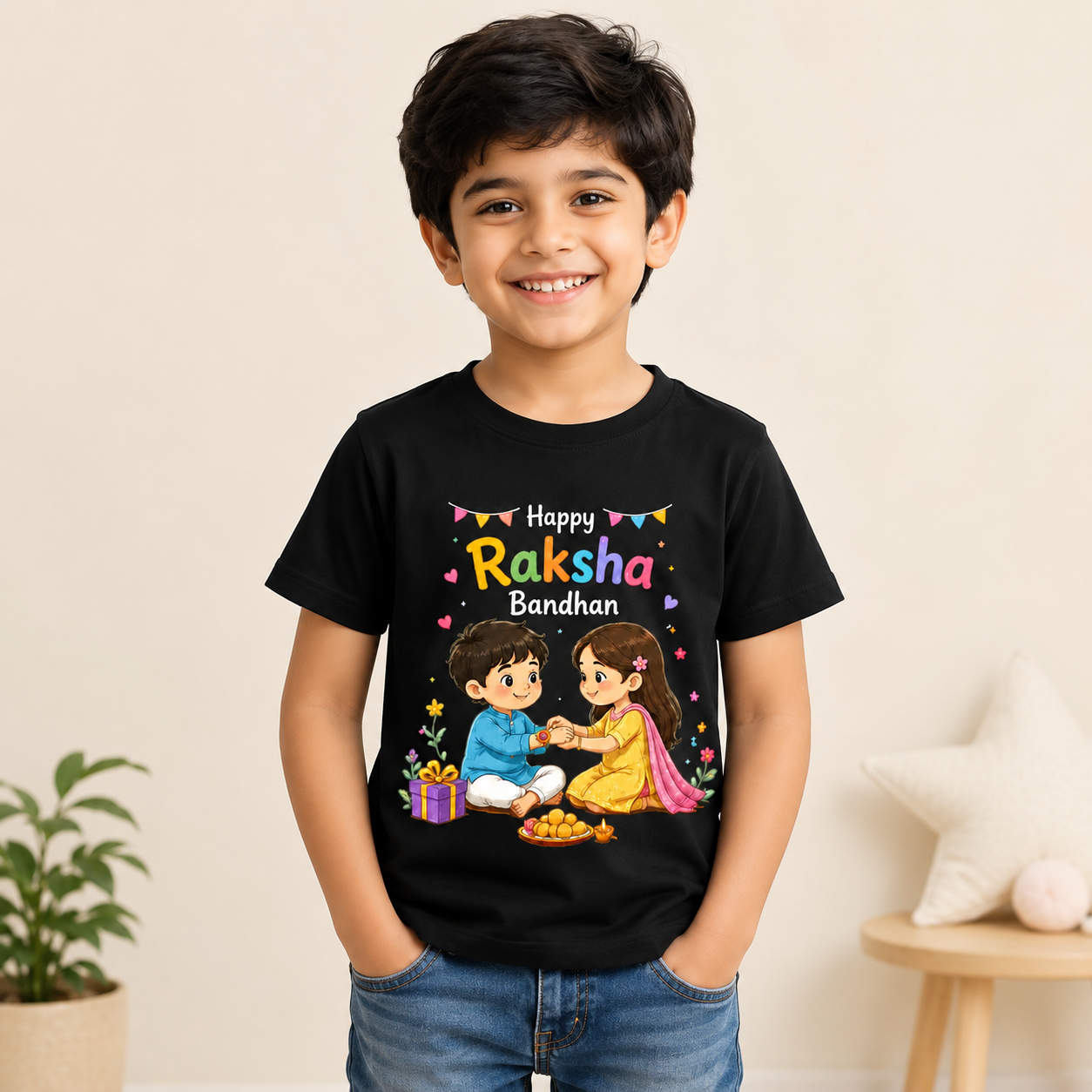 Happy Raksha Bandhan Brother & Sister Printed Kids T-Shirt | Age 1-10 Years | White & Black