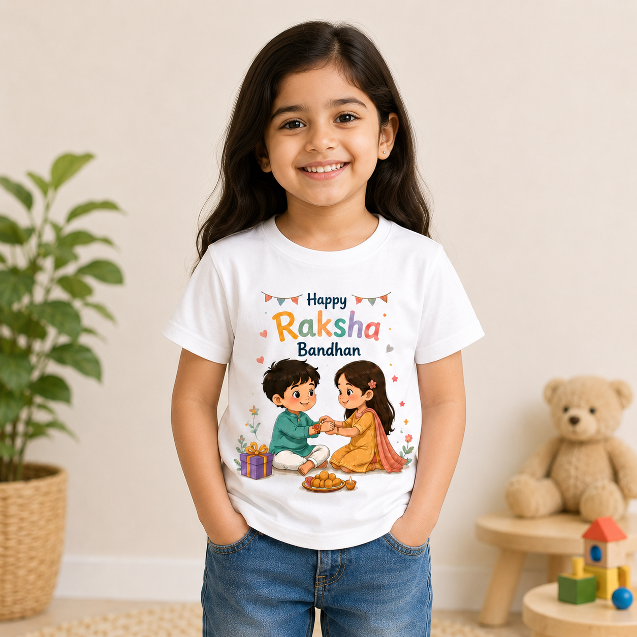 Happy Raksha Bandhan Brother & Sister Printed Kids T-Shirt | Age 1-10 Years | White & Black
