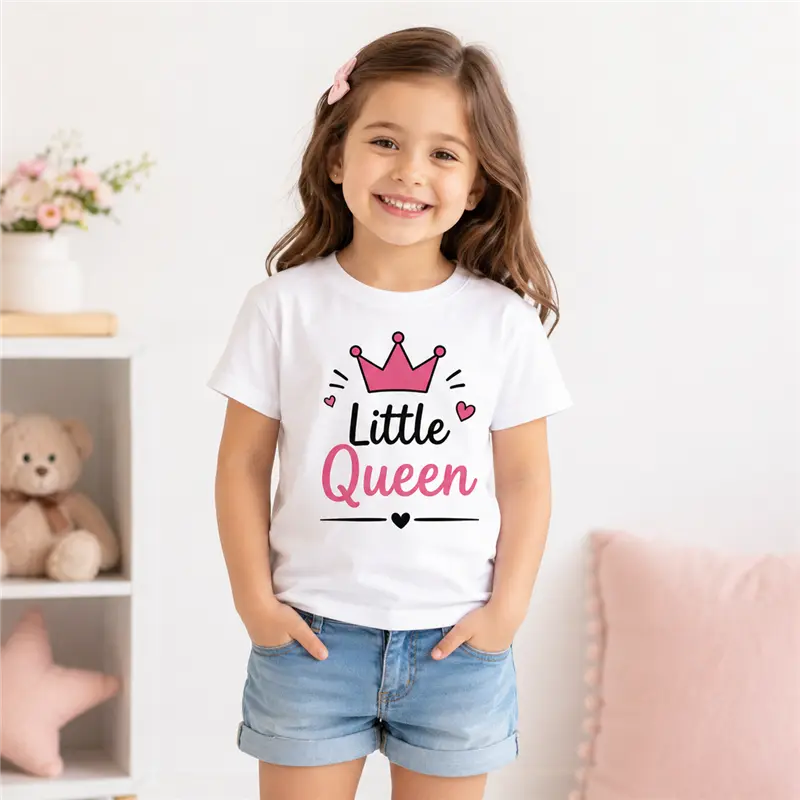Little Queen Printed Half Sleeve T-Shirt for Girls | Comfortable Casual Wear | Age 1-10 Years | (White/Black)