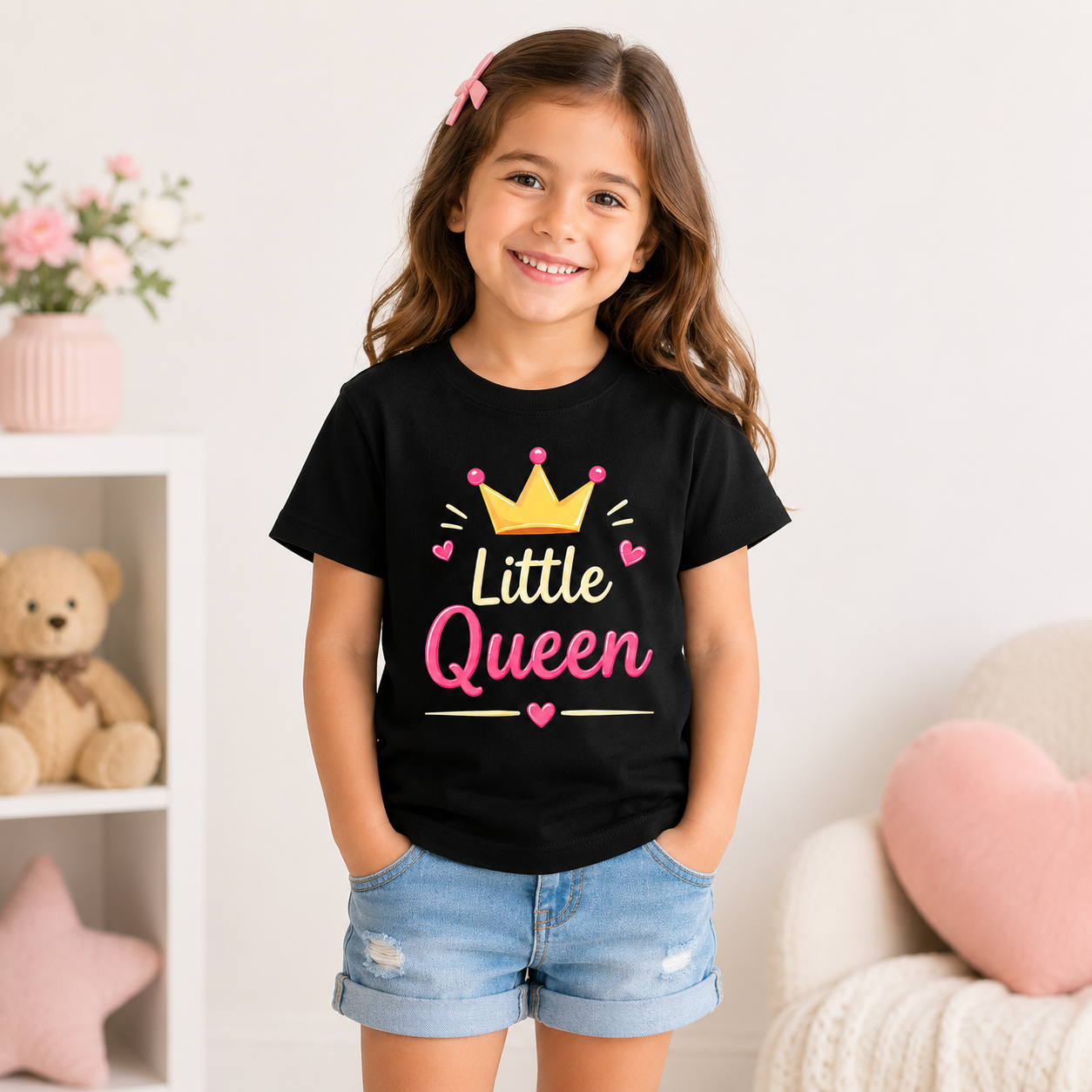 Little Queen Printed Half Sleeve T-Shirt for Girls | Comfortable Casual Wear | Age 1-10 Years | (White/Black)