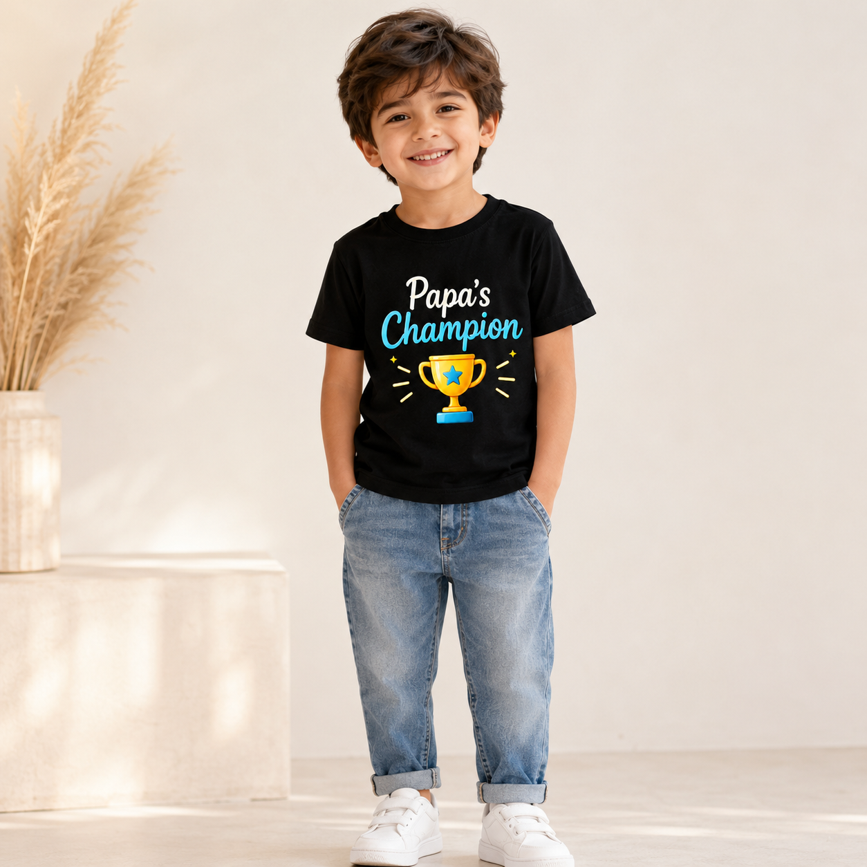 Papa's Champion Trophy Printed Kids T-Shirt | Soft Casual Wear | Age 1-10 Years | White/Black