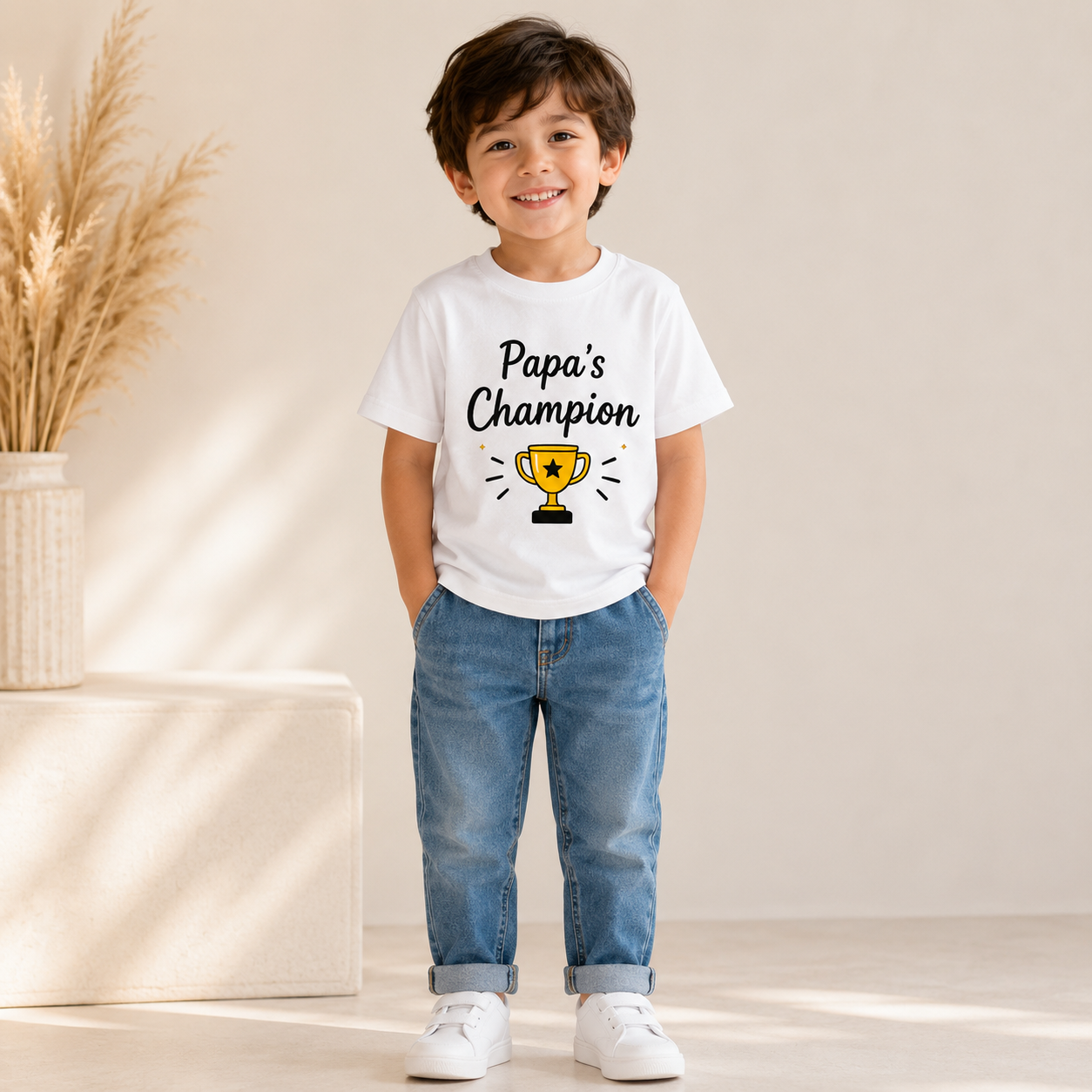 Papa's Champion Trophy Printed Kids T-Shirt | Soft Casual Wear | Age 1-10 Years | White/Black