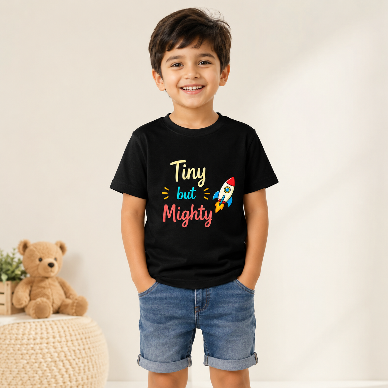 Tiny But Mighty Rocket Printed Kids T-Shirt | Age 1-10 Years | White/Black
