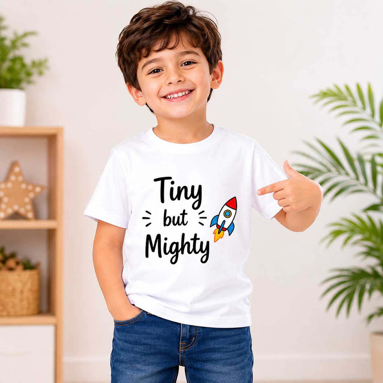 Tiny But Mighty Rocket Printed Kids T-Shirt | Age 1-10 Years | White/Black