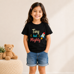tiny but mighty rocket printed kids black t-shirt (girl front)