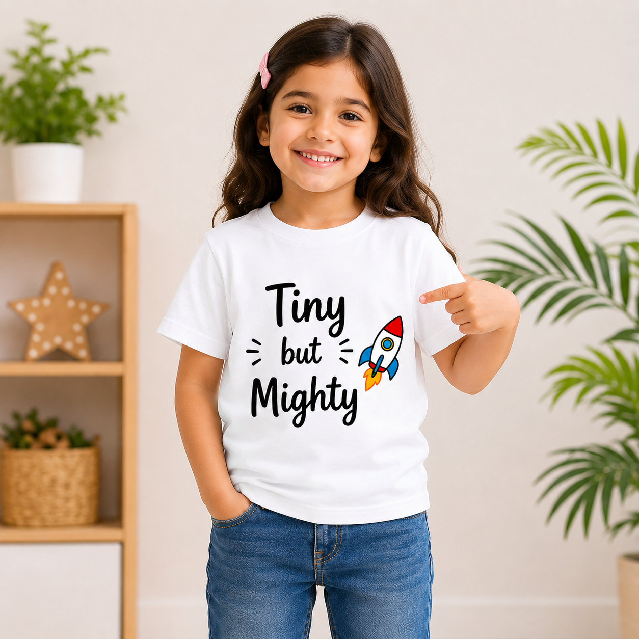 tiny but mighty rocket printed kids white t-shirt (girl front)