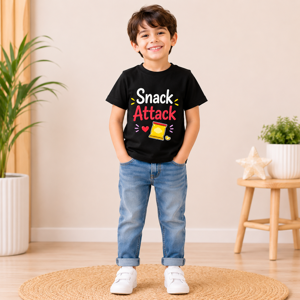 kids food theme printed black t-shirt (boy front)