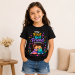 kids friendship printed black t-shirt for girls (front)