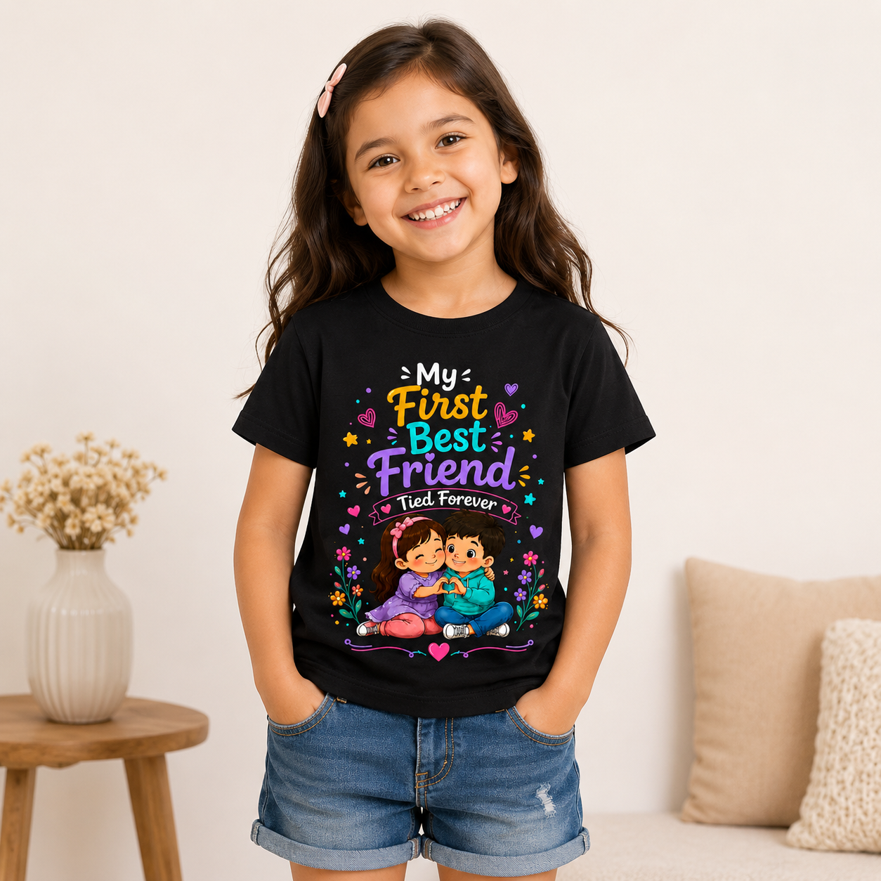 kids friendship printed black t-shirt for girls (front)