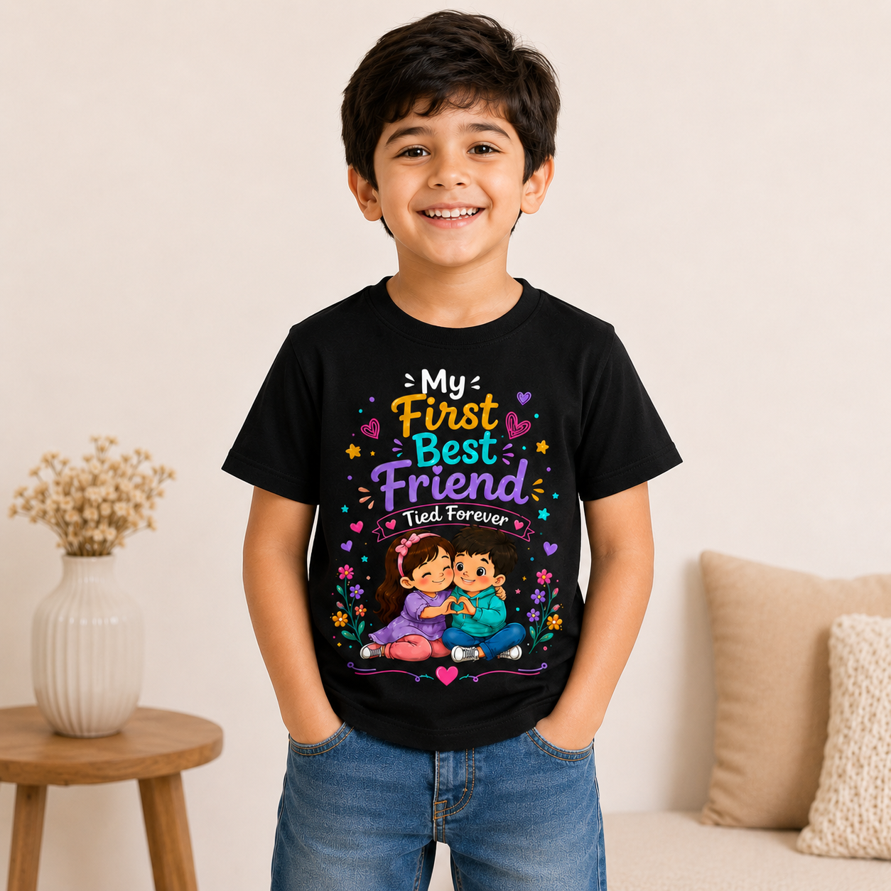 kids friendship printed Black t-shirt for boys (front)