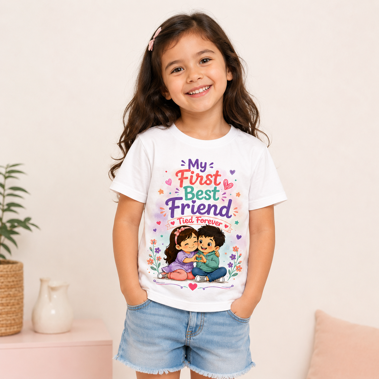 kids friendship printed white t-shirt for girls (girl front)