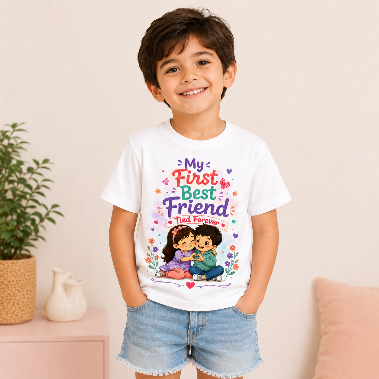 kids friendship printed white t-shirt for boys (front)