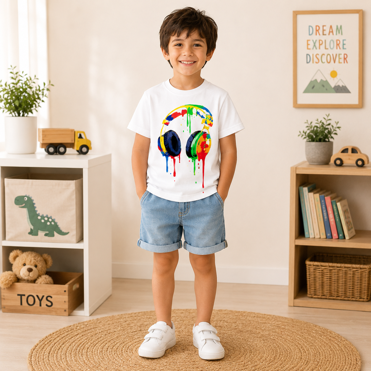 kids headphone printed White t-shirt for boys 