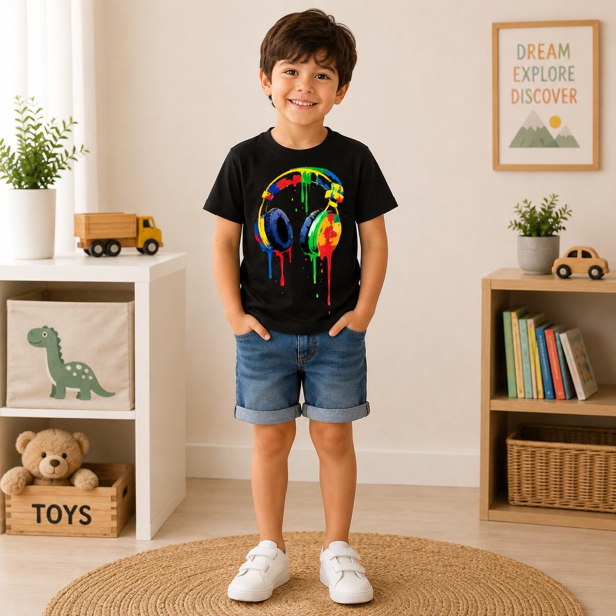 kids headphone printed Black t-shirt for boys front