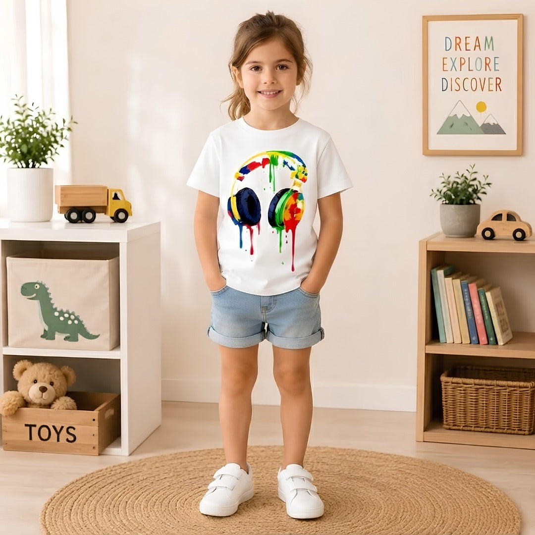 kids headphone printed white t-shirt for kids (girl front)