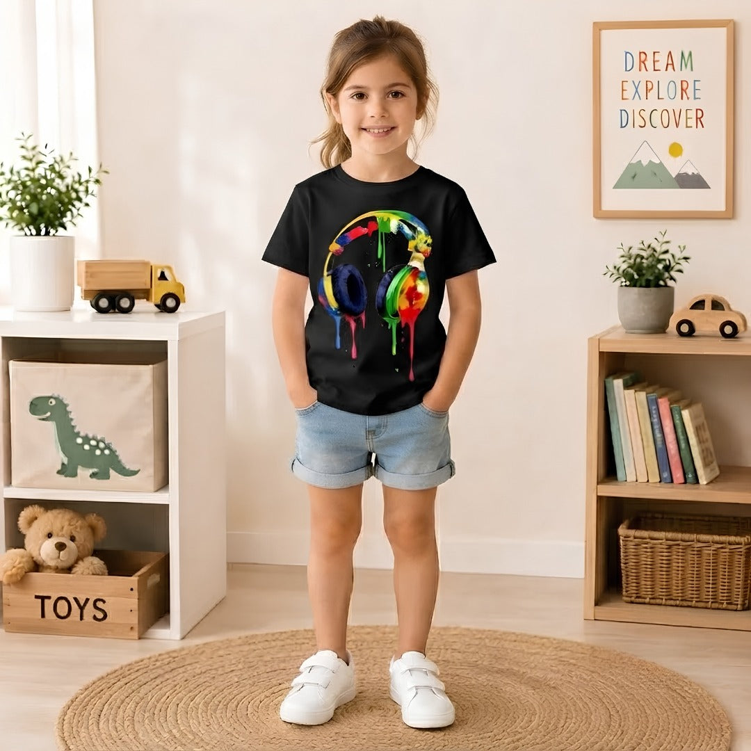 kids headphone printed Black t-shirt for kids (girl front)